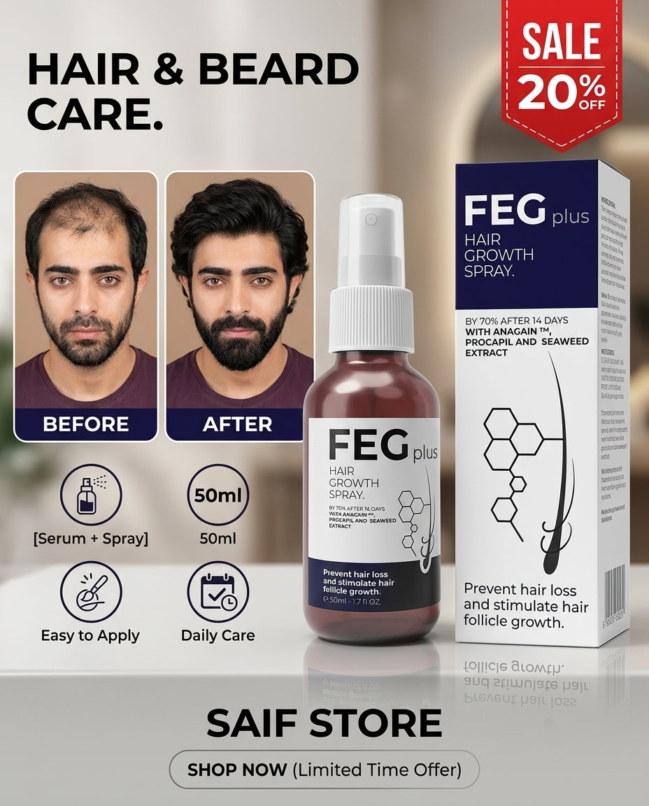 FEG PLUS Hair & Beard Growth Serum Spray 50ml | Seaweed Extract, Rosemary, Redensyl, Anagain & Minoxidil | Anti Hair Loss, Regrowth Treatment